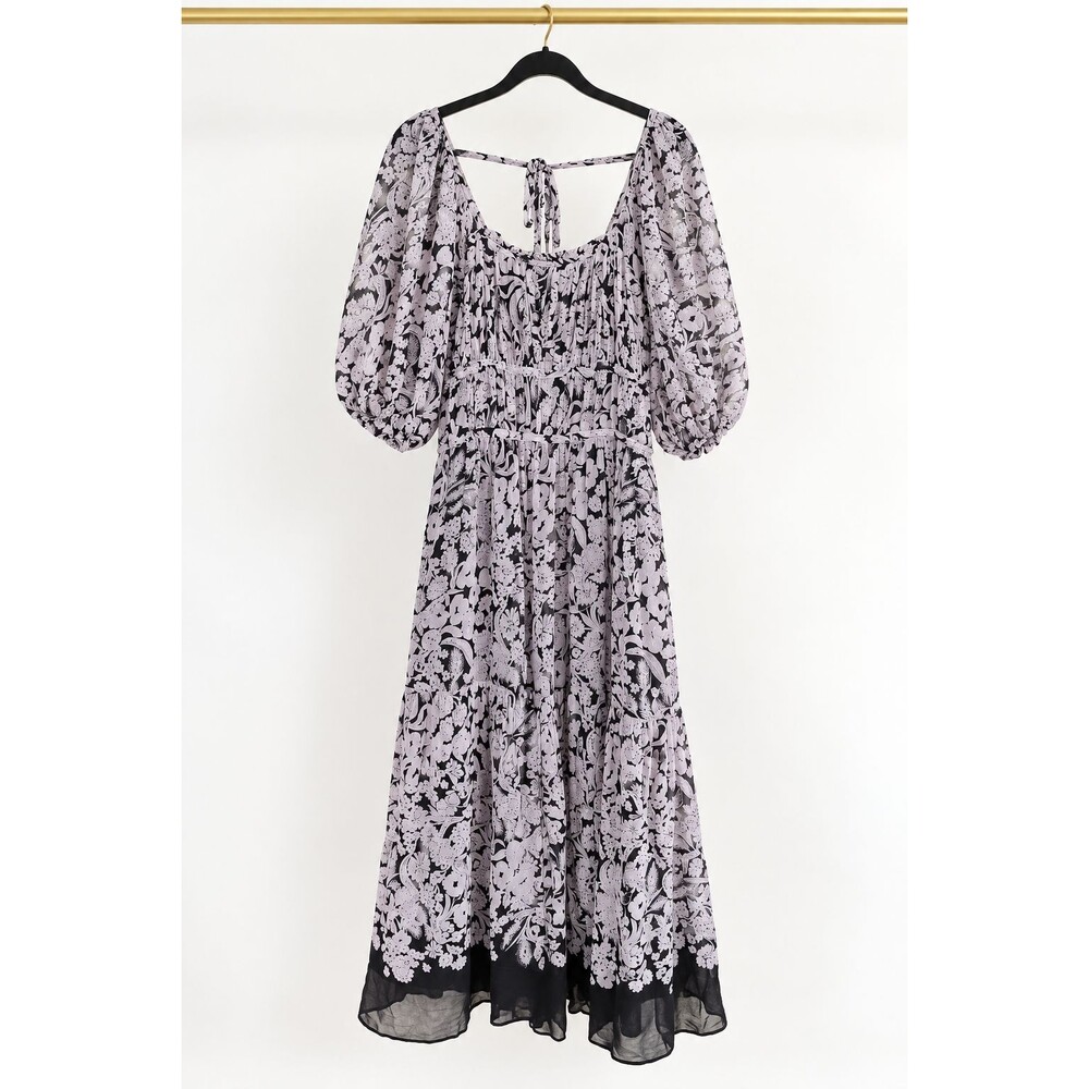 By Anthropologie Square Neck Smocked Midi Dress Floral Puff Sleeve Womens M